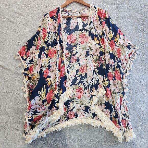 Charming Charlie Navy Floral Fringe Kimono One Size NEW Boho Bloomcore Festival - Picture 1 of 8